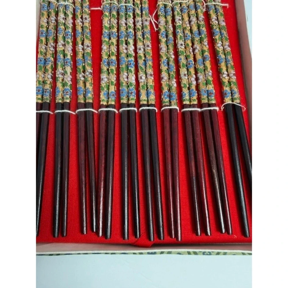 Vintage Cloisonne Enamel Floral Wood Chopsticks 10 Pair Set with Fabric Case